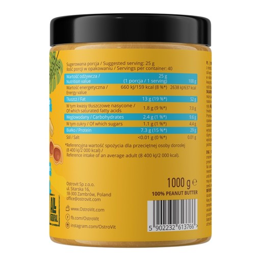 OstroVit Arašidové maslo ARAŠIDOVÉ MASLO Jemný arašidový krém BEZ CUKRU 1 KG