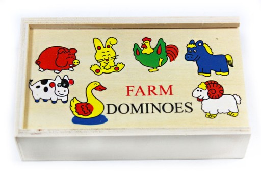 DREVENÉ DOMINO PUZZLE FARMÁRSKE ZVIERATÁ OVOCIE