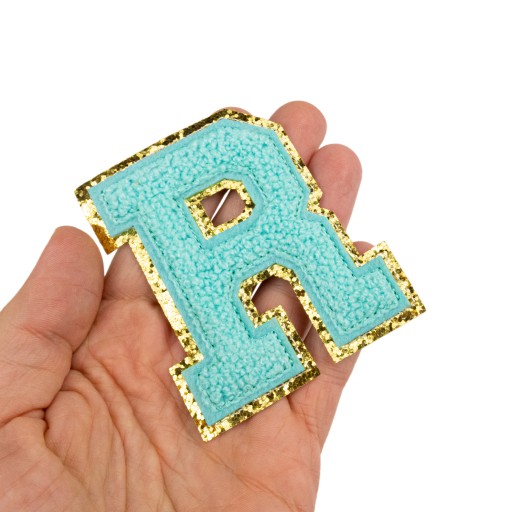 PATCH LETTER R, veľké písmo, azúrovo modré trblietky