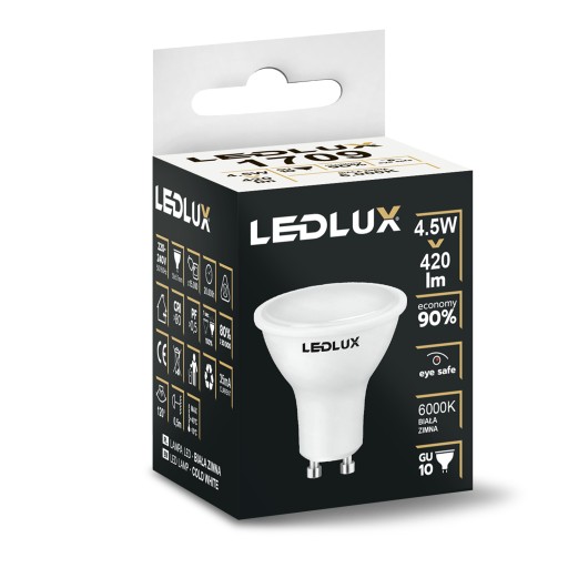 GU10 LED žiarovka 4,5W = 45W SMD 6000K studená Premium LEDLUX nebliká