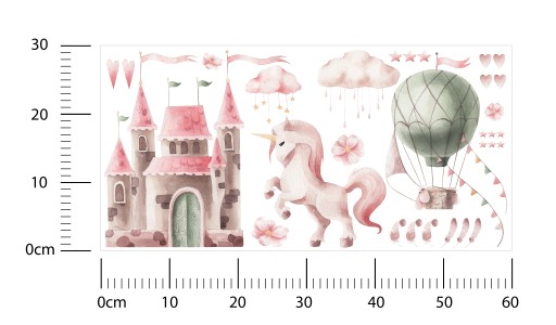 Nálepka SET PRE DETI Akvarel Jednorožec Castle Balloon Ružové oblaky