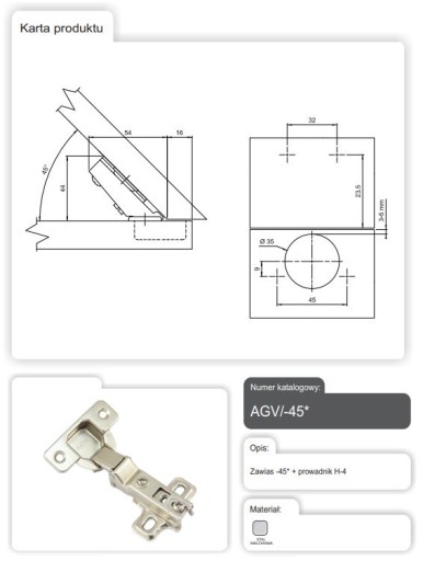 Uhlový záves - 45 stupňov + vodítko H-4 AMIX AGV/-45*