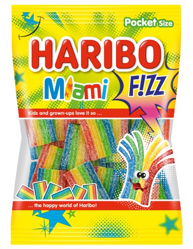 HARIBO MIAMI FIZZ JELLIES dúhové kyslé prúžky 85 g
