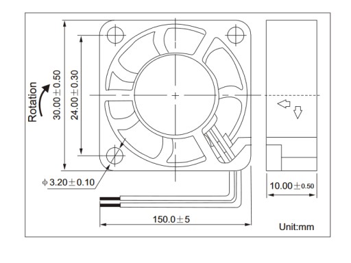 Ventilátor 12V 30x30x10 posuvný, 3 vodiče