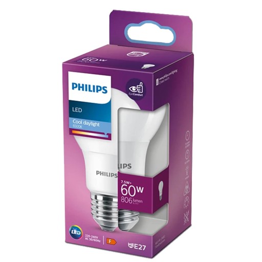 E27 A60 LED žiarovka 7,5W = 60W 806lm 6500K Cool White PHILIPS