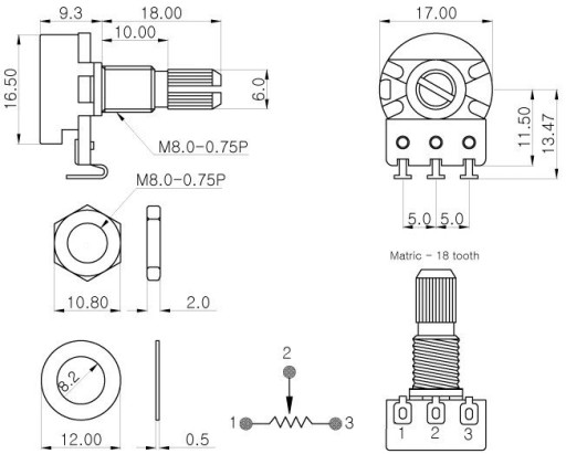 Partsland 1718H 250k/B lineárny gitarový potenciometer