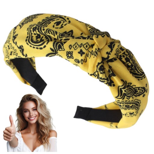 ŠIROKÁ čelenka, žltá, POHODLNÁ, s paisley uzlom, MÓDNA