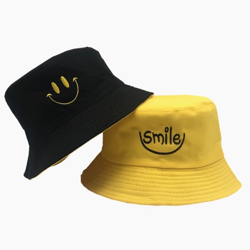 Bucket klobúk, obojstranný klobúk s nápisom smile, smiley, emotikon, minka