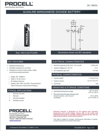 Alkalická batéria AAA LR03 Duracell Procell 10 ks