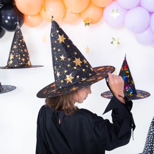 Čierno-zlaté halloweenske karnevalové maškarné šaty s čarodejníckym klobúkom