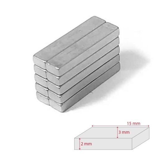 Silný plochý neodýmový magnet 15 x 3 x 2 mm 10 ks