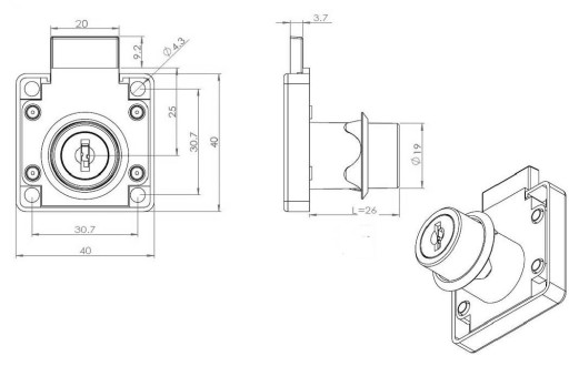 Štvorcový nábytkový zámok 850 cylindrický. 26 mm