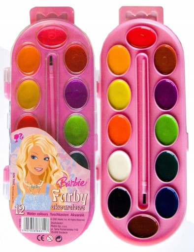 BARBIE VODOVÉ FAREBNÉ FARBY KIDEA 12 FAREBNÝ ŠTETEC