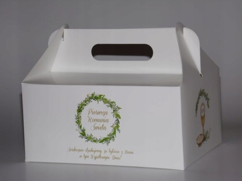 KRABIČKA NA TORTY BIELE POTLAČ PRVÝ SPOJOVÝ VENIEC 19x14x9cm ČERVENÝ PLAST