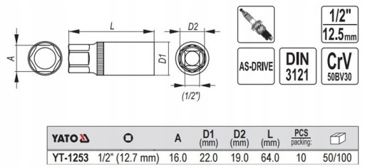 YATO - ZÁSUVKA NA SVIEČKU 1/2'' 6-SIGNÁLOVÝ KĽÚČ 16MM
