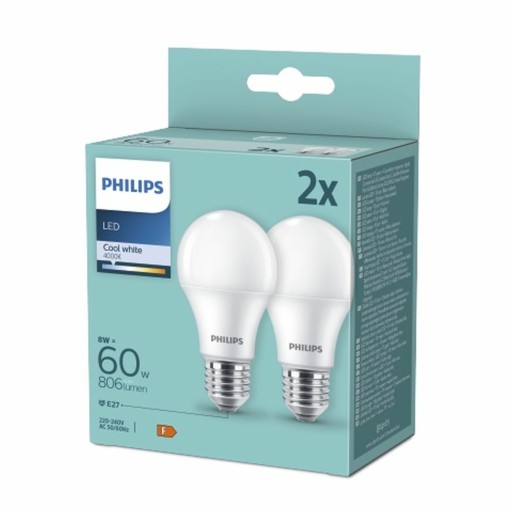 2x LED žiarovka PHILIPS E27 8W = 60W 4000K NEUTRÁLNA BIELA 806lm 180° A60