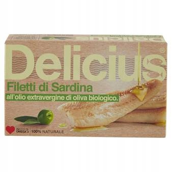 Filety zo sardiniek Delicius v bio olivovom oleji. olivový olej 90 g