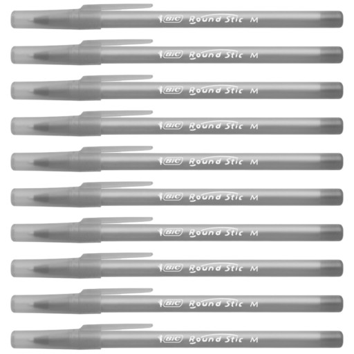 Strieborné BIC Round Stic Medium klasické guľôčkové pero, čierny atrament 1,0 mm, 10 kusov