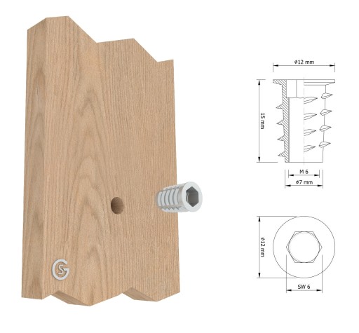 Zásuvka 10x M6 x 15 mm, nábytková vložka na drevo s golierom