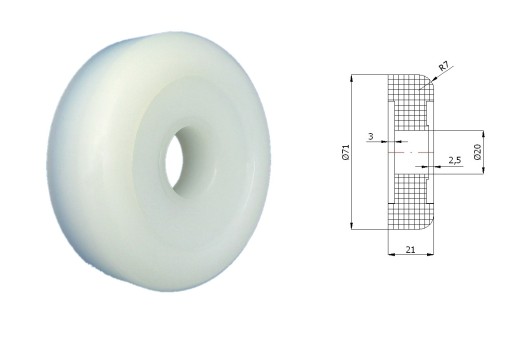 Polyamidový valček na brány bez ložísk, priemer 71mm, priemer 20mm