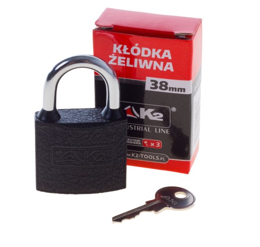 ODOLNÝ LIATOVÝ VISIACI ZÁMOK 38mm S KĽÚČOM JADROVÝM s patentnou vložkou