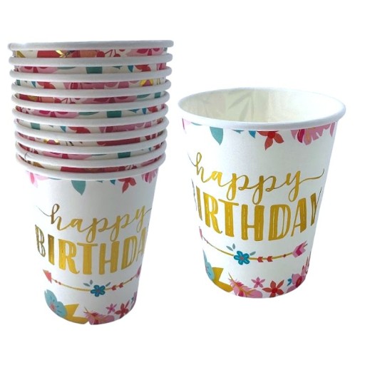 Happy Birthday BOHO FLOWERS zlatý nápis Birthday papierové poháre 10 ks.