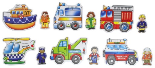Puzzle Baby Pohotovostné vozidlá Hasičský zbor Vrtuľník Sanitka Odťahové vozidlo