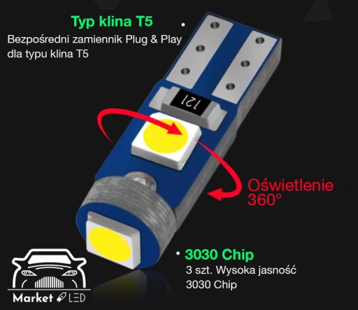 ČERVENÁ žiarovka - R5 T5 3 x POWER LED W1,2W W2W VÝKON