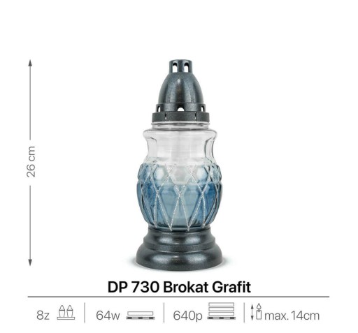 Zdobená sviečka 26 cm grafitová DP730 sklenená sviečka s vymeniteľnou vložkou