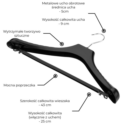 Závesný vešiak s priečkou na bundy a kabáty 43 cm - sada 5 kusov
