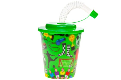 Plastový pohár s tubusom a viečkom, 3D futbal