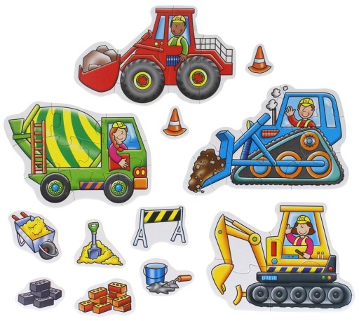 Náučné puzzle Stavebné vozidlá Bager Nakladač Miešačka na betón 32 ks.