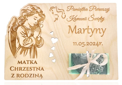 VEĽKÁ drevená darčeková poukážka na peniaze SVÄTÉ PRIJÍMANIE DIEVČA