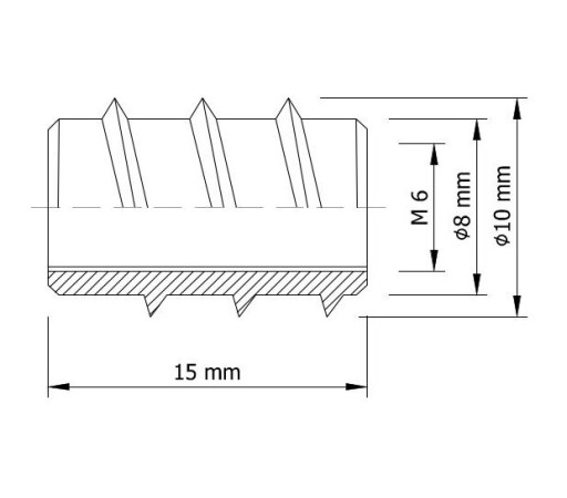 Zásuvka M6 x 15 mm skrutkovaná do dreva bez nákružku