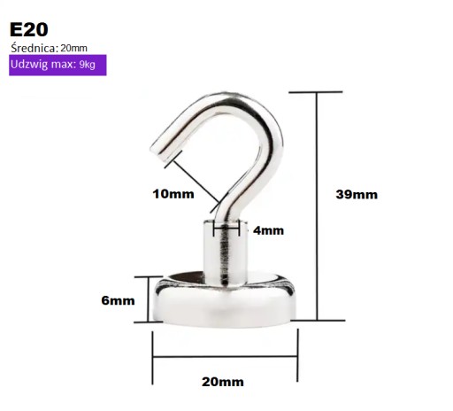MAGNETICKÝ DRŽIAK SILNÝ NEODYMIOVÝ MAGNET S HÁKOM Ø20 mm 9kg
