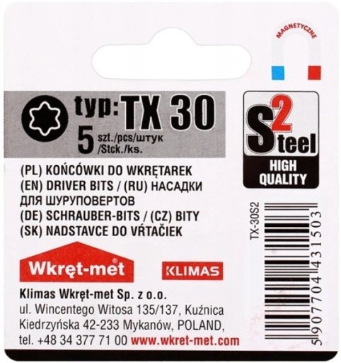 Skrutkovacie bity Torx TX 30 KLIMAS 5 ks.