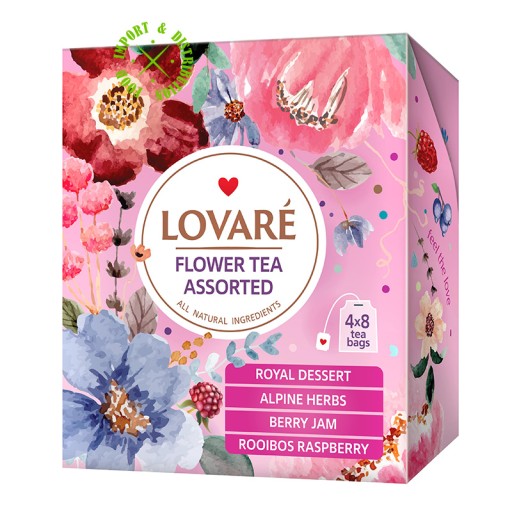 Darčeková súprava kvetinových čajov Lovare Assorted Flower, 4 príchute, 32 vrecúšok