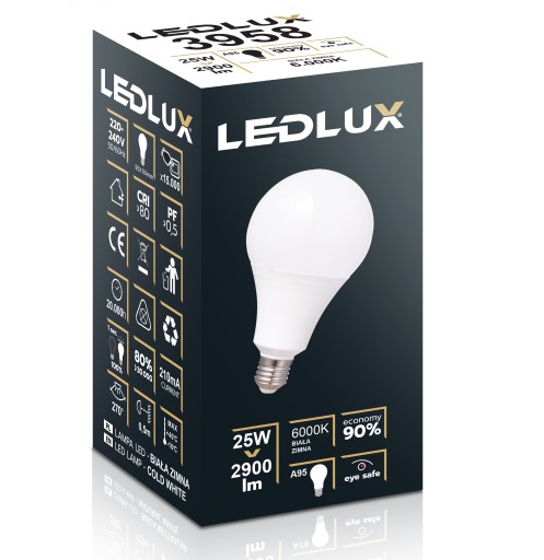 LED žiarovka E27 25W = 170W SMD 6000K studená Premium LEDLUX nebliká
