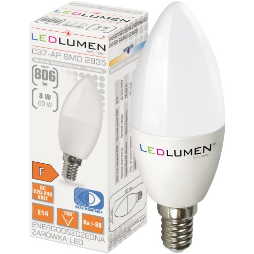 E14 LED SVIEČKOVÁ žiarovka 8W=60W 806lm Úspora energie Bez blikania 4000K