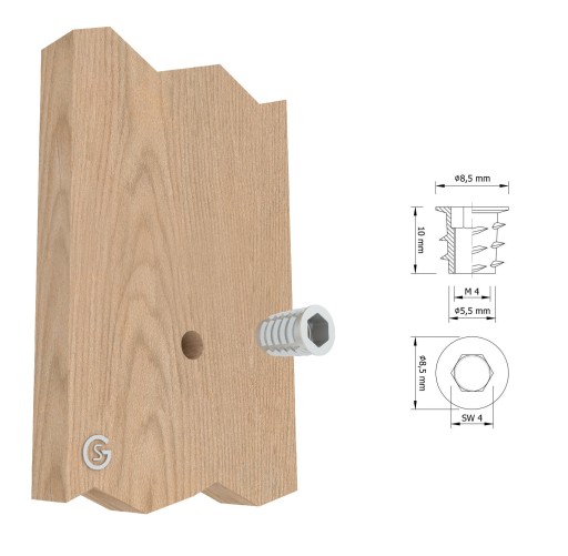 10x nástrčná oceľová nábytková vložka M4 x 10 mm skrutkovaná do dreva, typ DC