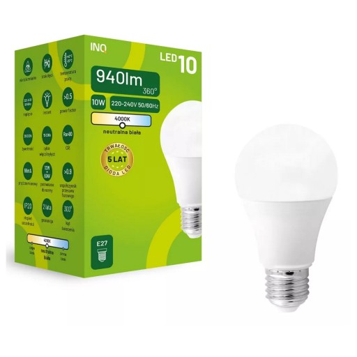 E27 Led žiarovka, 10W 940 lm, neutrál (ELA034NW) INQ