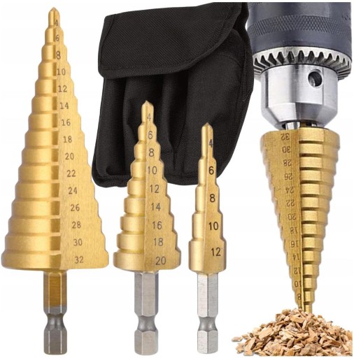 Stupňovité kónické vrtáky, 3 ks, oceľ, sada 4-32 mm, na drevo, plech