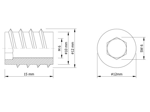 10X M6 x 15 mm nástrčná vložka, nábytková vložka na drevo, so 6 imbusovým kľúčom