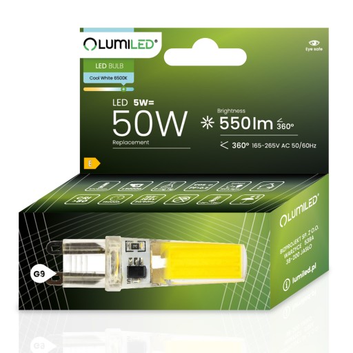 LED KAPSULOVÁ Žiarovka MINI G9 5W = 50W 6500K studená farba COB 230V LUMILED