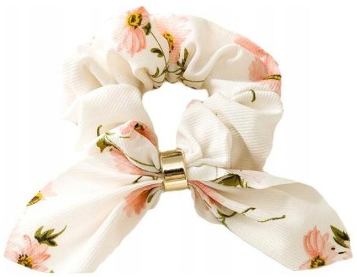 Biela gumička do vlasov, mašľa s kvietkami SCRUNCHIE