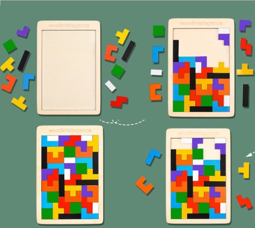DREVENÉ BLOKY TETRIS PUZZLE 40 ELEM TANGRAM LOGICKÁ HERNÁ SADA