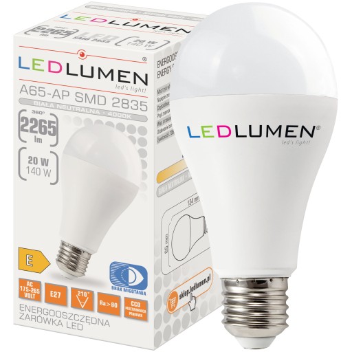 E27 A65 LED žiarovka 20W=140W 2262lm 210° CCD Úspora energie Bez blikania
