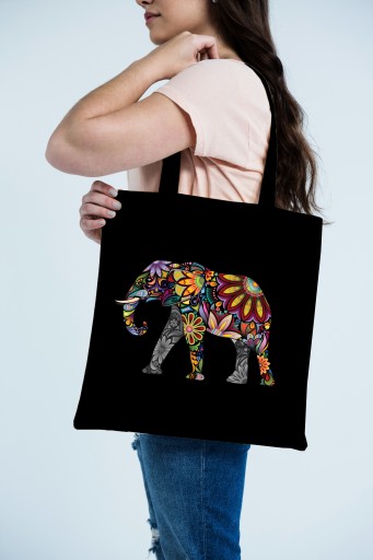 Bavlnená taška s potlačou ELEPHANT FOLK 38x42cm čierna hrubá 220g EKO