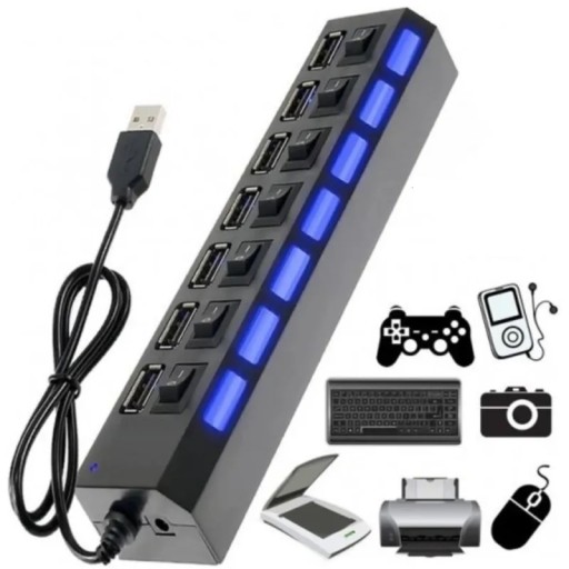 7X USB HUB SPLITTER REPLIKÁTOR PORTU S SPÍNAČMI