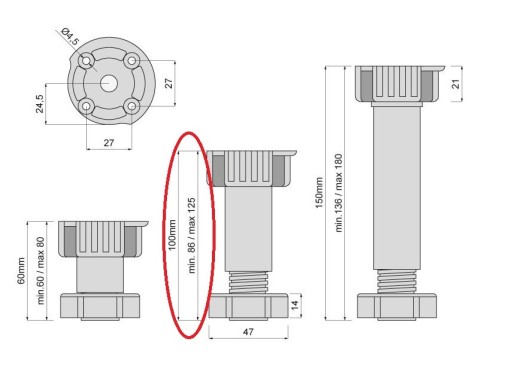 4x NASTAVITEĽNÁ NOHA KUCHYNSKÉHO NÁBYTKU H-100 300KG